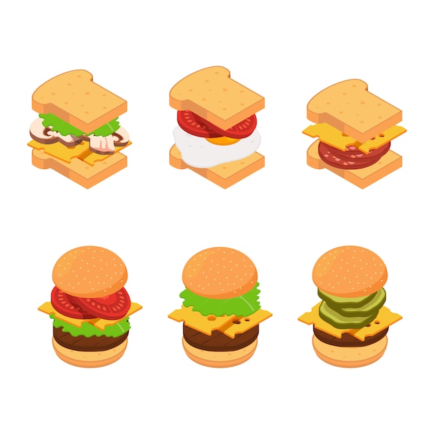 conjunto isométrico de hamburguesas y sándwich