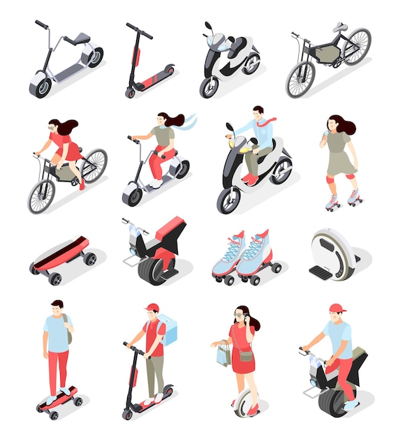 Conjunto isométrico de iconos con personas que viajan en transporte personal scooter bicicleta motocicleta patines monociclo aislado sobre fondo blanco 3d ilustración vectorial