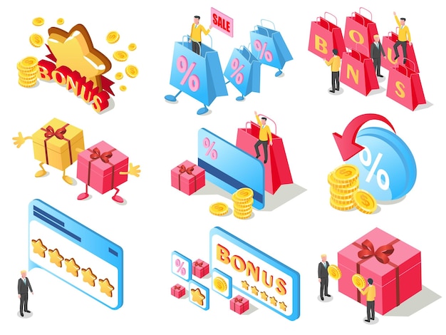 Conjunto isométrico de ilustraciones temáticas de compras y finanzas con personas descuentos bonificaciones y regalos en un fondo ligero concepto de recompensas al consumidor Ilustración vectorial
