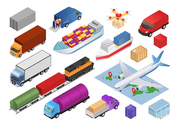 Conjunto isométrico de logística con ilustraciones de iconos de entrega de carga de transporte. Recogida de transporte de camiones, automóviles, aviones, vehículos comerciales y trenes, autobuses, transportadores.