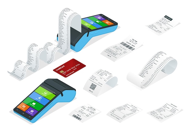 Vector conjunto isométrico de máquina de pago o terminal pos con registros de recibo, plantilla de diseño de cajero automático de facturas, cheque financiero en papel para maqueta. facturas en papel de pago realistas para transacciones en efectivo o con tarjeta de crédito