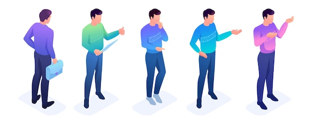Conjunto isométrico de movimientos y poses de un joven para crear ilustraciones vectoriales