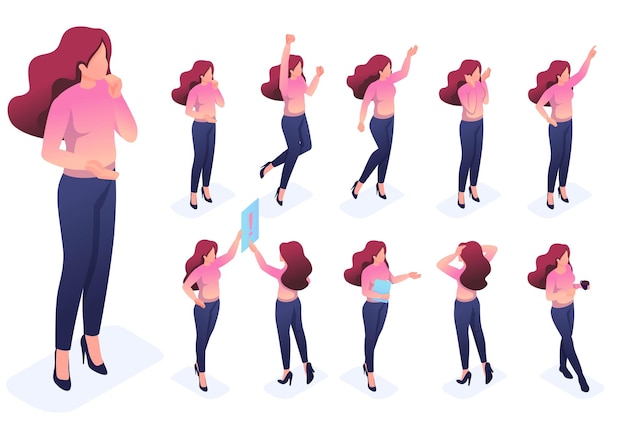 Vector conjunto isométrico de movimientos y poses de un joven y niñas para crear ilustraciones vectoriales