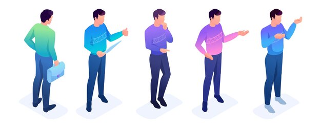 Conjunto isométrico de movimientos y poses de un personaje joven para crear ilustraciones vectoriales