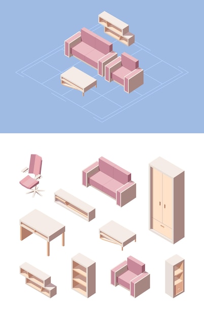 Vector conjunto isométrico de muebles de sala. sofá plegable rosa, silla para computadora, transformador, silla, armario, zapato, escritorio, cajones, estanterías, mesa de café, diseño gráfico moderno, sala de estar.