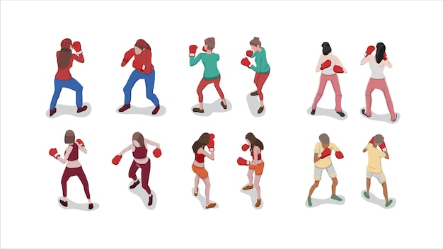 conjunto isométrico de mujeres que practican el boxeo y el puñetazo