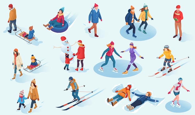 Conjunto isométrico de personas que disfrutan de deportes y actividades de invierno Ilustración vectorial
