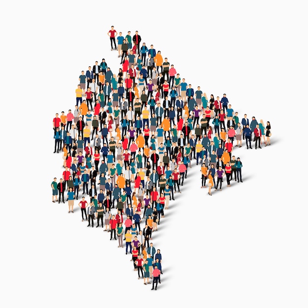 Conjunto isométrico de personas que forman el mapa de Montenegro, país, concepto de infografía web de espacio lleno de gente, 3d plano. Grupo de puntos de multitud que forma una forma predeterminada.