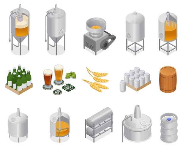 Vector conjunto isométrico de producción de cerveza de cervecería con iconos aislados de tubos de tanques de instalaciones de fábrica en la ilustración de vector de fondo en blanco