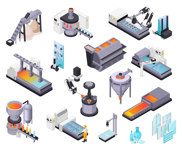 Conjunto isométrico de producción de vidrio con íconos aislados de materias primas, ventanas, cristalería y unidades de producción industrial, ilustración vectorial