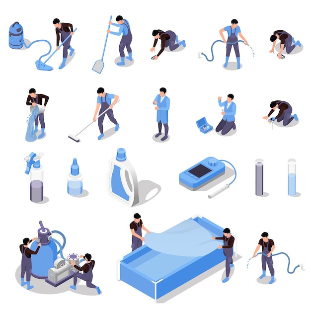 Conjunto isométrico del servicio de mantenimiento de piscinas con iconos aislados de herramientas de detergentes y personajes de ilustraciones vectoriales de trabajadores