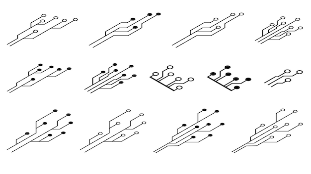 Conjunto isométrico de siluetas de pistas de pcb de placa de circuito impreso aisladas sobre fondo blanco divisores de imágenes prediseñadas técnicas para diseño elemento vectorial