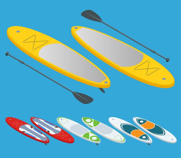 Conjunto isométrico de stand up paddle surf y stand up paddle boarding aislado en blanco concepto de deporte acuático. vacaciones de verano activas con paddle board.