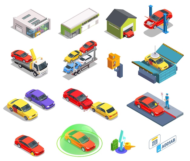 Conjunto isométrico de uso de propiedad de automóviles de edificios de iconos aislados e imágenes de automóviles de diferentes colores ilustración vectorial