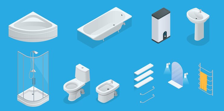 Conjunto isométrico vectorial de muebles de baño. Jacuzzi, baño, caldera, lavabo, ducha, ducha, inodoro, bidet, secador, toalla, espejo, estantes iconos de diseño de interiores planos.