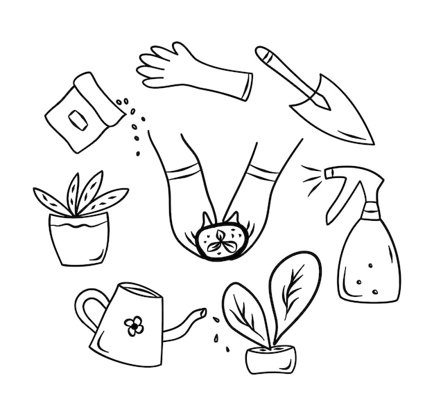 Vector conjunto de jardín de doodle plantas de macetas elementos de diseño vectorial de guantes riego lata de semillas de flores pala