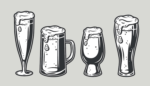 Conjunto de jarra de cerveza con barra retro de espuma y menú de pub Tipos de vasos para el festival bávaro de octubre