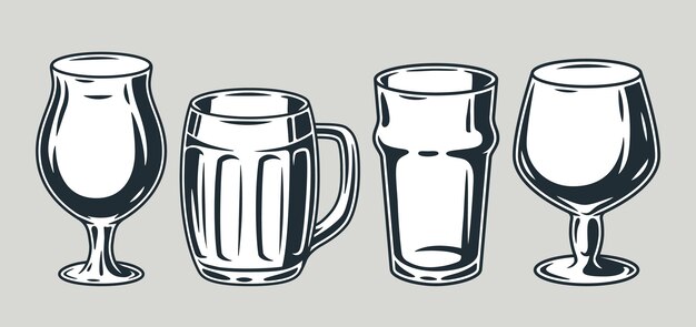 Conjunto de jarra de cerveza con barra retro de espuma y menú de pub Tipos de vasos para el festival bávaro de octubre