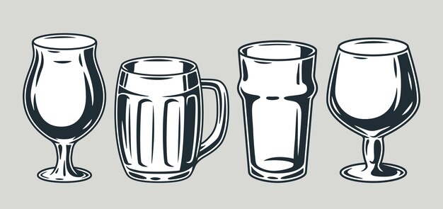 Vector conjunto de jarra de cerveza con barra retro de espuma y menú de pub tipos de vasos para el festival bávaro de octubre