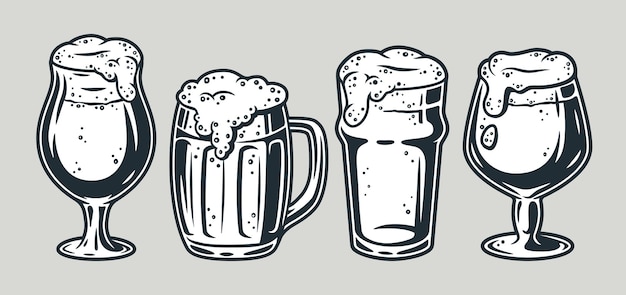 Conjunto de jarra de cerveza con barra retro de espuma y menú de pub Tipos de vasos para el festival bávaro de octubre