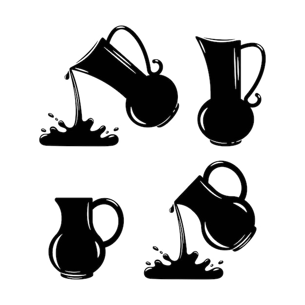Conjunto de jarras monocromáticas vectoriales Verter agua de una jarra Ilustración vectorial sobre un fondo blanco