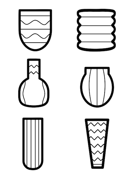 Conjunto de jarrones bonitos dibujados a mano en blanco y negro decorativos vectoriales
