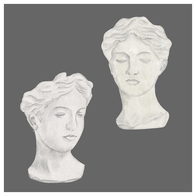 Conjunto de jarrones de cabeza de mujer de estilo griego pintura de acuarela