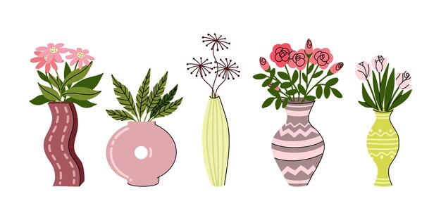 Conjunto de jarrones con delicadas flores rosas y rojas