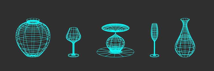 Vector conjunto de jarrones y vasos con marco de alambre de color turquesa de moda elementos lineales de diseño retro
