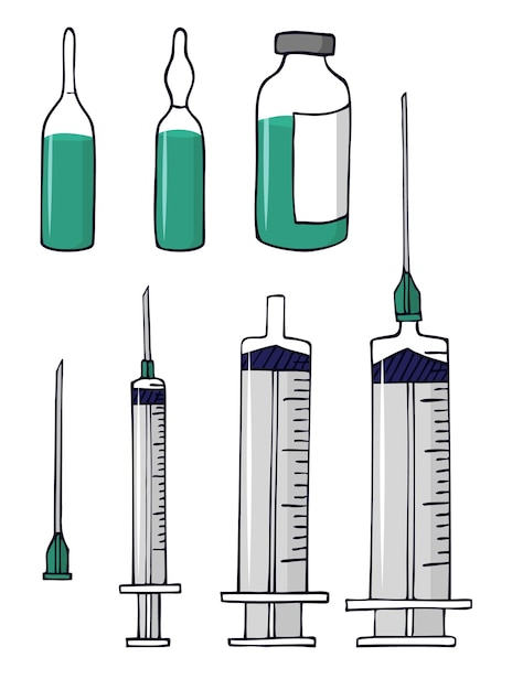 Conjunto de jeringas y ampollas de elementos médicos.