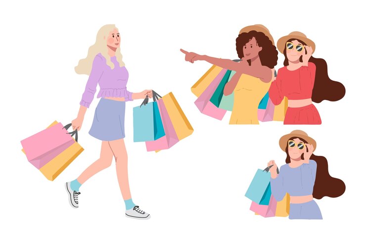 Vector conjunto de jóvenes caricaturas en las tiendas