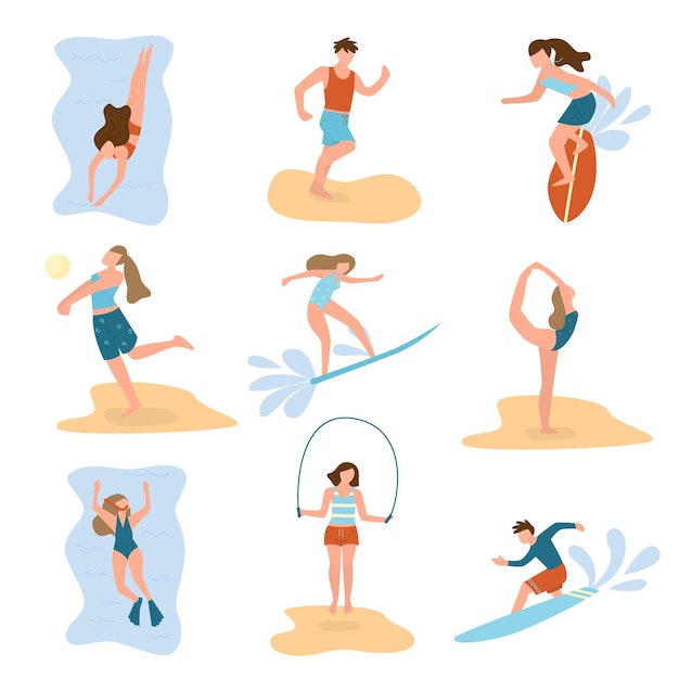 Vector conjunto de jóvenes en diferentes actividades de playa, deporte de verano, tiempo de relajación