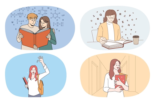 Conjunto de jóvenes felices con libros disfrutan estudiando aprendiendo nueva información Colección de estudiantes sonrientes con libros de texto en la universidad o universidad Educación Ilustración vectorial