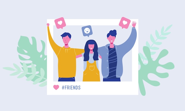 Conjunto de jóvenes haciendo fotos en la red social. con personajes masculinos y femeninos felices, adolescentes, estudiantes. Concepto de equipo de amistad, gustos de seguidores, historias
