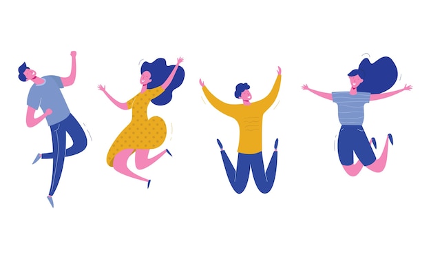 Conjunto de jóvenes saltando sobre fondo blanco. Elegante y moderno con personajes masculinos y femeninos felices, adolescentes, estudiantes. Concepto de equipo de fiesta, deporte, baile y amistad