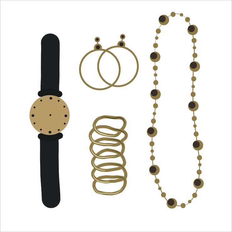 Vector conjunto de joyas de accesorios de moda joyas elegantes con elementos metálicos pendientes elegantes