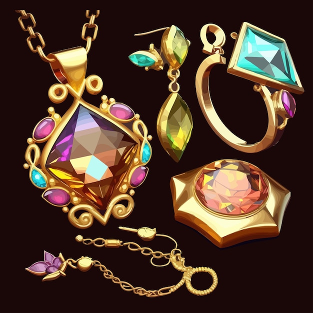 Conjunto de joyas de dibujos animados de colgantes de oro reloj y aretes con piedras preciosas aisladas en el fondo ilustración vectorial