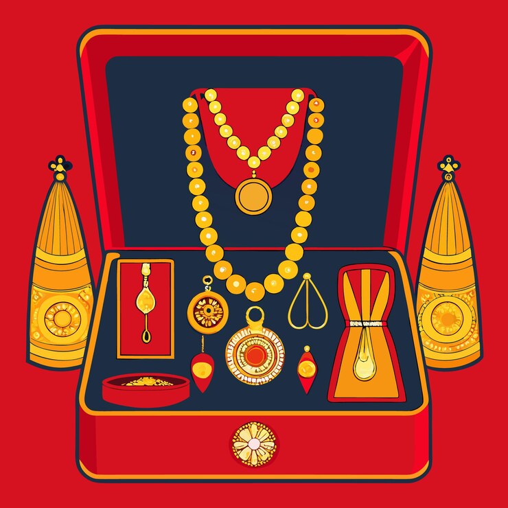 Vector conjunto de joyas de oro dibujadas a mano con collares y accesorios