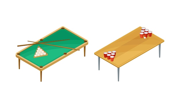 Conjunto de juegos de mesa de billar y tablas de beer pong Ilustración vectorial