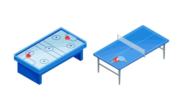 Conjunto de juegos de mesa Hockey aéreo y mesas de ping pong Ilustración vectorial