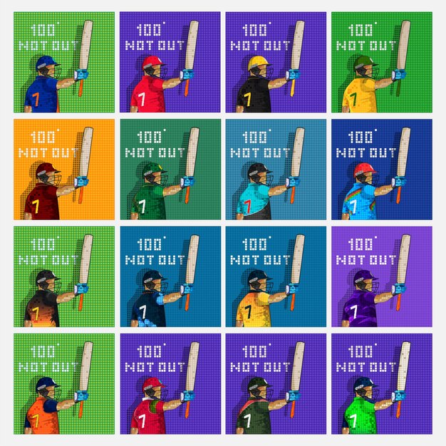 Conjunto de jugador de bateador de críquet en diferentes países y 100 no fuera de fuente en el fondo de la cuadrícula.
