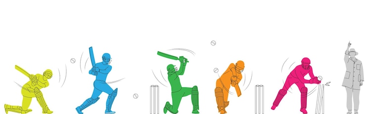 Vector conjunto de jugador jugando cricket acción pose línea arte campeonato vector ilustración.