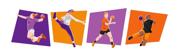 Conjunto de jugadoras de balonmano en varios movimientos Ilustración vectorial plana de dibujos animados