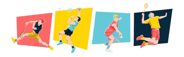 Conjunto de jugadores de bádminton masculinos Personaje del atleta de báddminton Fondo aislado Vector gráfico plano