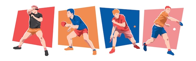 Conjunto de jugadores de bádminton masculinos Personaje del atleta de báddminton Fondo aislado Vector plano