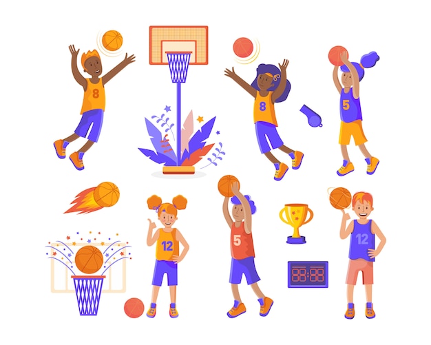 Vector conjunto de jugadores de baloncesto y artículos deportivos.