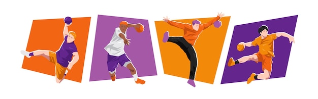 Conjunto de jugadores de balonmano masculinos en varios movimientos Ilustración vectorial plana de dibujos animados