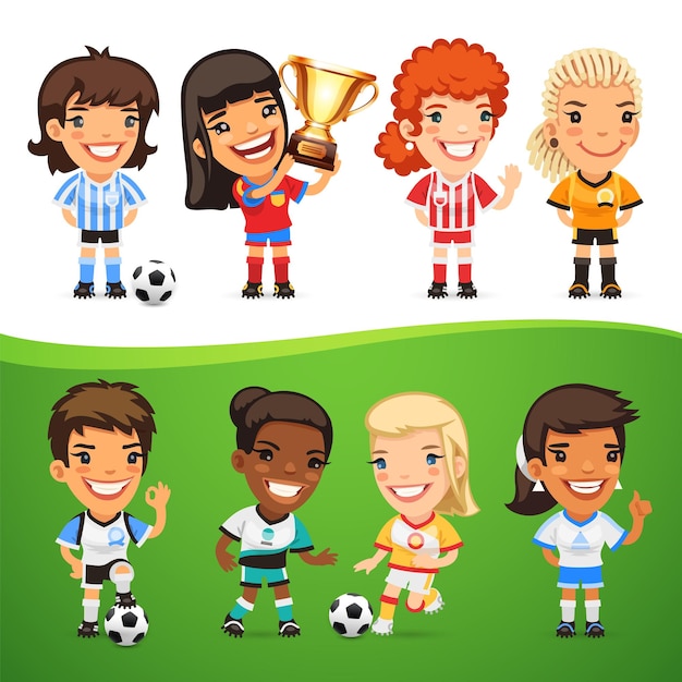Conjunto de jugadores de fútbol de mujeres de dibujos animados