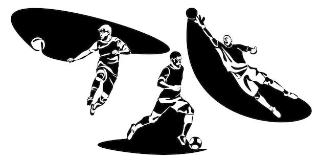 Vector conjunto de jugadores de fútbol pateando la pelota vista lateral silhuette de fútbol o defensor de fútbol delantero o portero ilustración de imágenes prediseñadas vectoriales