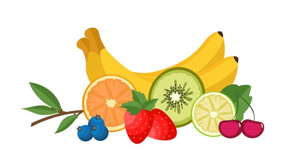 Conjunto de jugosas frutas y bayas de verano ilustración vectorial sobre un fondo blanco en estilo plano